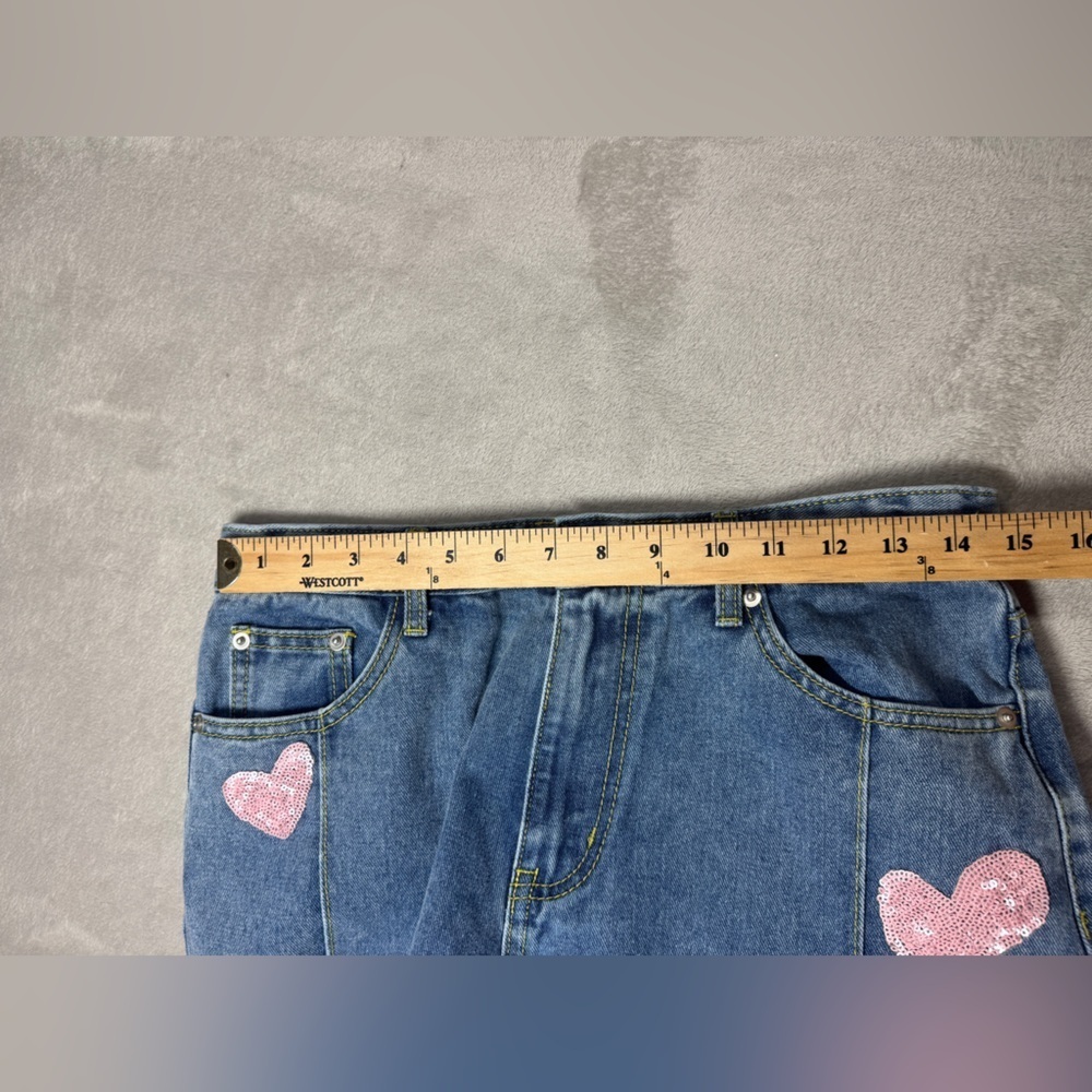 Cider Novelty Sequin Heart Patch Wide Leg High Rise Denim Blue Jeans Size Large - Picture 6 of 15